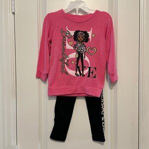 Girls Pink & Black 2-Piece Outfit Set With Glitter Graphics & Leopard Print Deta